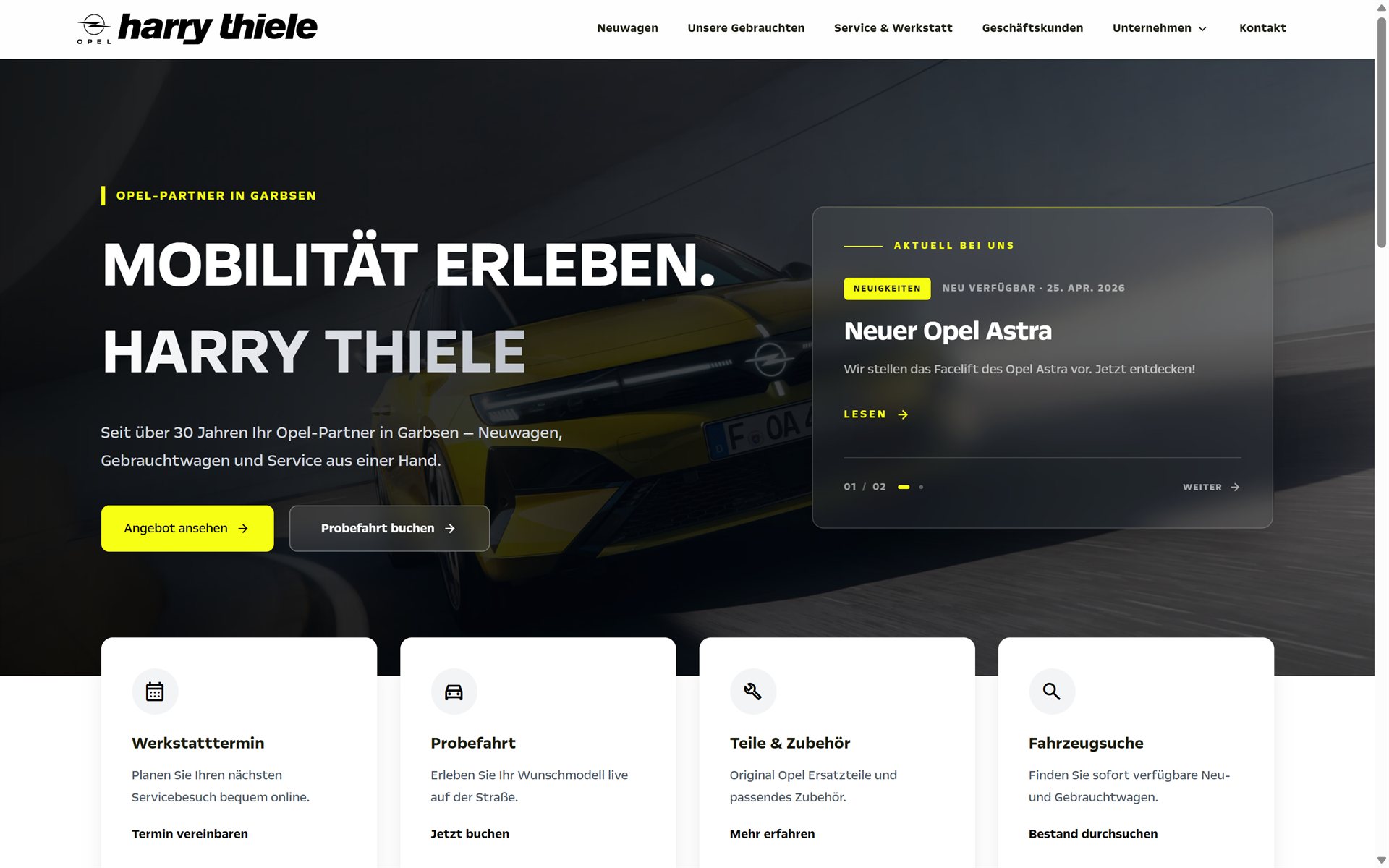 Harry Thiele Autohaus, Live-Vorschau der Startseite
